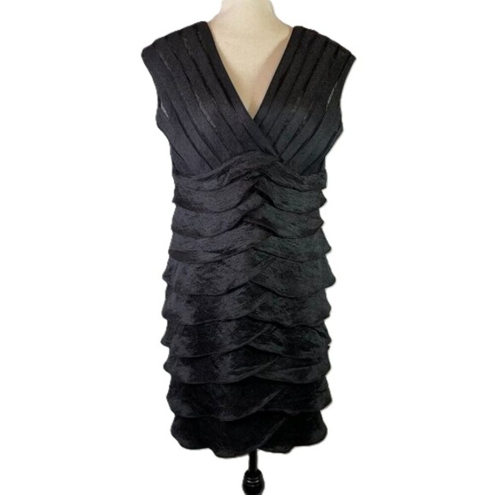 Scarlet Nite Black Tiered Ruffle Evening Cocktail Dress V Neck Size 12